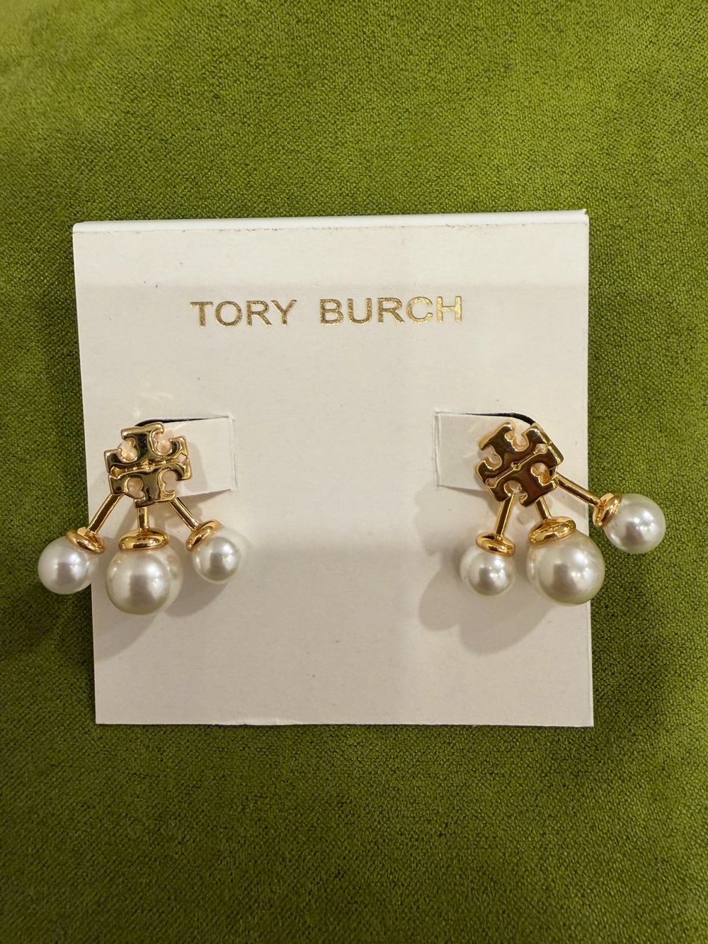 Tory Burch Gold Logo Earrings with White Pearl Drops